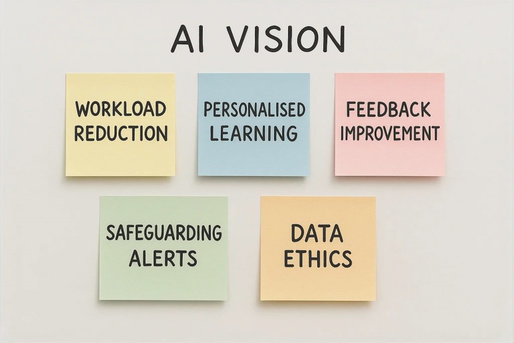 A shared vision ensures AI adoption is intentional and connected to school values.